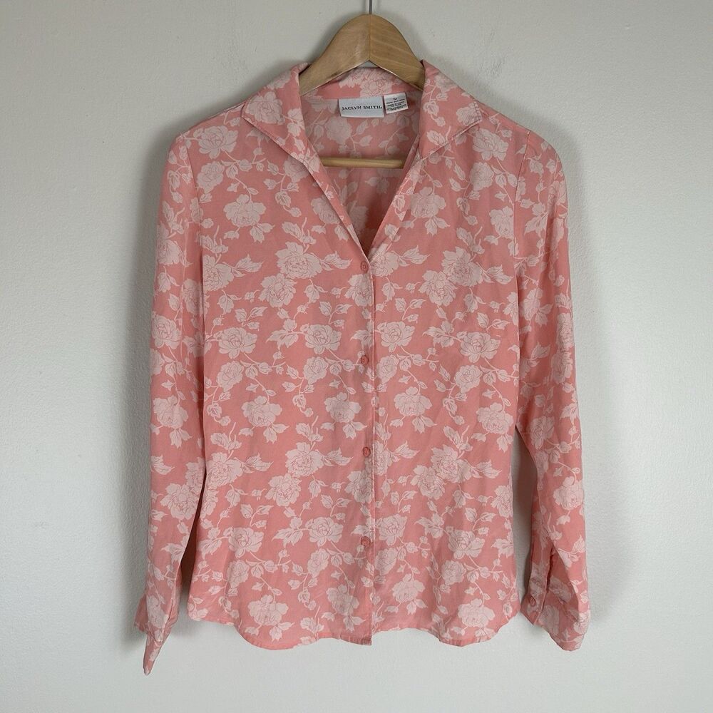 Vintage 100% Silk Button Up 10 Shirt Top Blouse Pink Floral Chic Cottage Boho